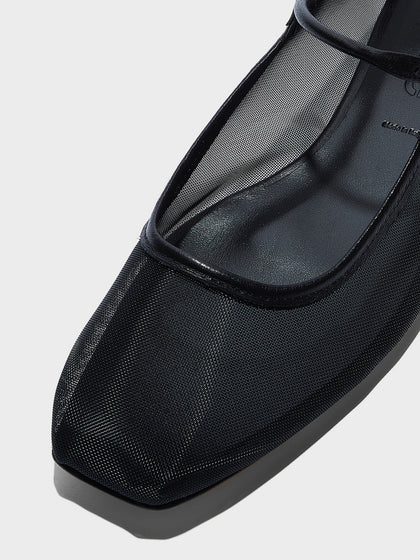 Aeyde | Uma Leather Flats for Women | Black Mesh/Nappa | Square Toe | Flat Heel | Heel Details
