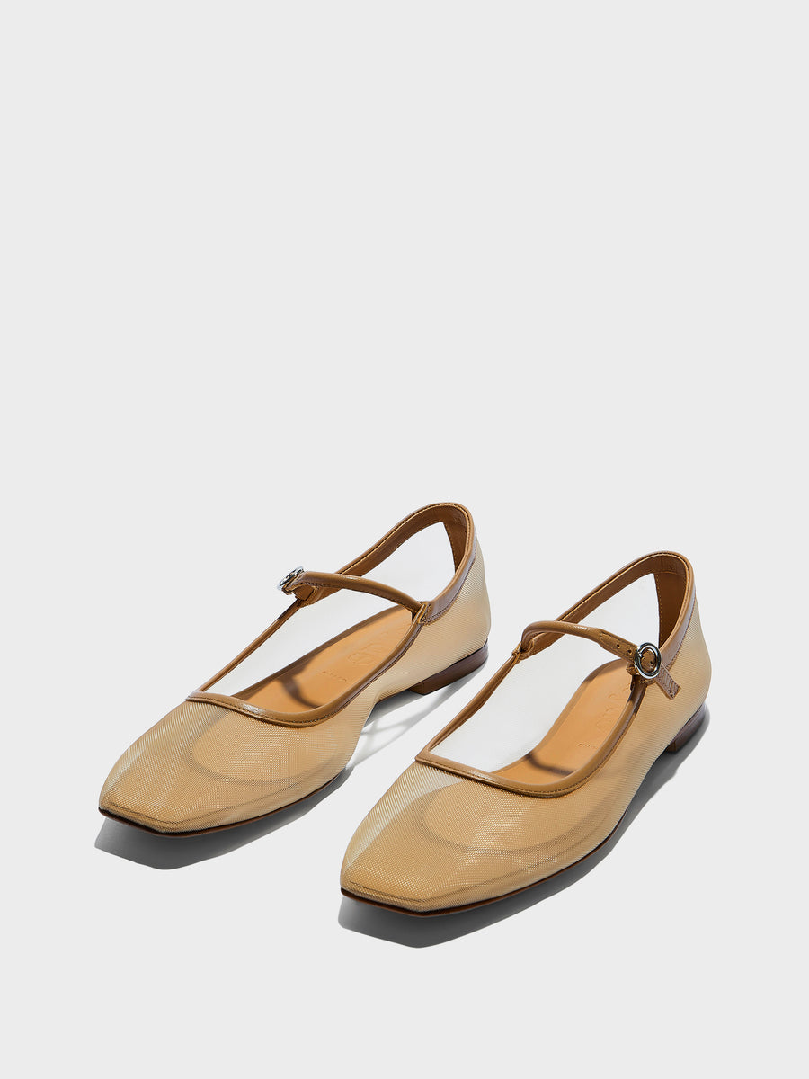 Aeyde | Uma Leather Flats for Women | Hazelnut Mesh/Nappa | Square Toe | Flat Heel | Luxury Materials | Handmade in Italy