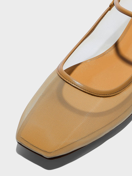 Aeyde | Uma Leather Flats for Women | Hazelnut Mesh/Nappa | Square Toe | Flat Heel | Heel Details
