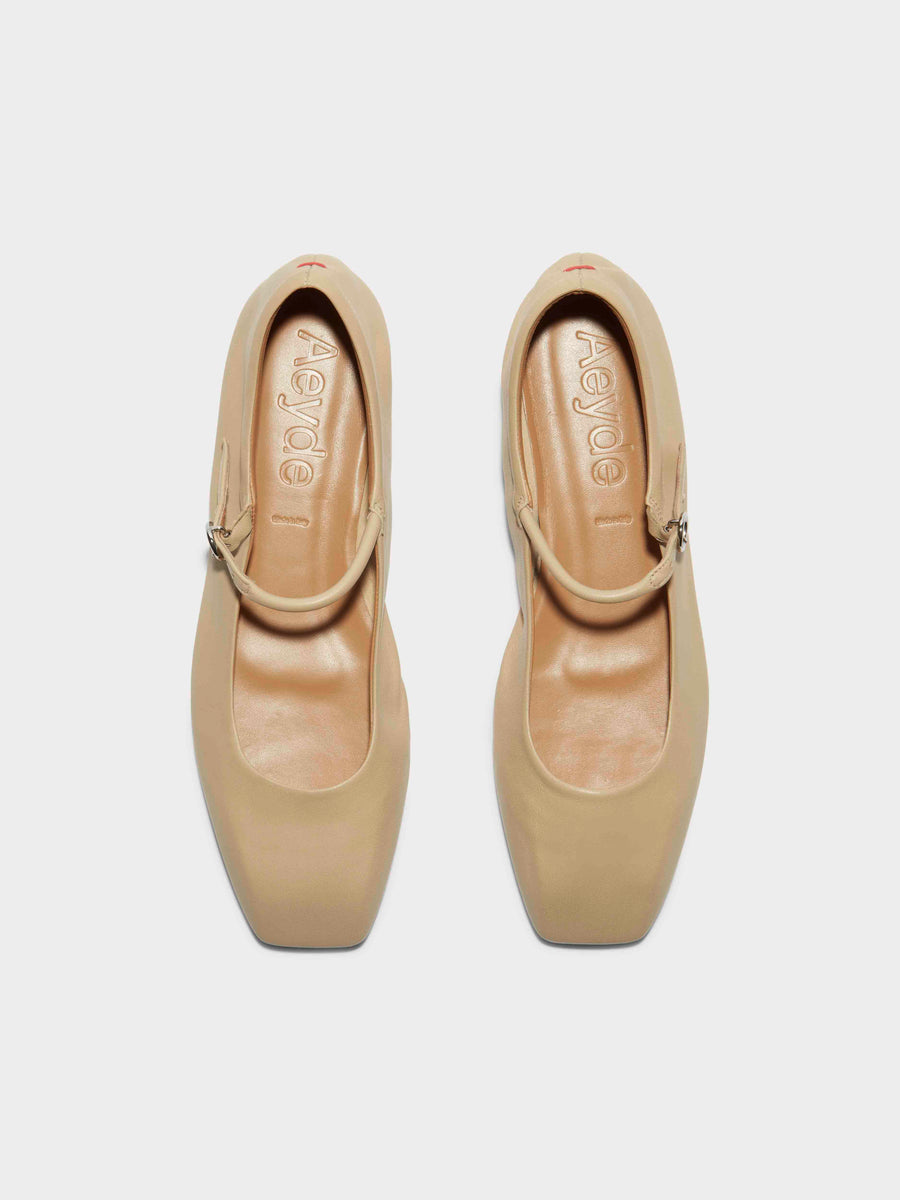 Aeyde | Uma Leather Mary-Jane Flats Leather Flats for Women | Latte Nappa | Square Toe | Flat Heel | Front View