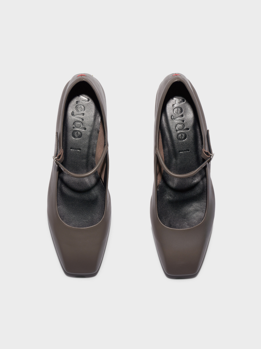 Aeyde | Uma Mary-Jane Flats Leather Flats for Women | Taupe Nappa | Square Toe | Flat Heel | Front View