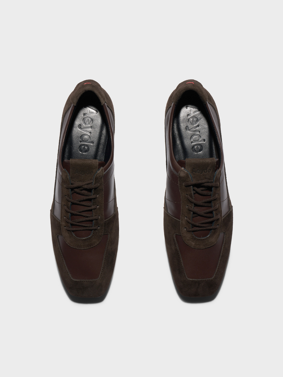 Aeyde | Uma Slim Sneakers Leather Flats for Women | Moka Nappa/Suede | Square Toe | Flat Heel | Front View