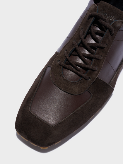 Aeyde | Uma Slim Sneakers Leather Flats for Women | Moka Nappa/Suede | Square Toe | Flat Heel | Heel Details
