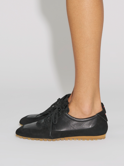 Aeyde | Uma Slim Sneakers Leather Flats for Women | Black Nappa/Suede | Square Toe | Flat Heel | How to Style