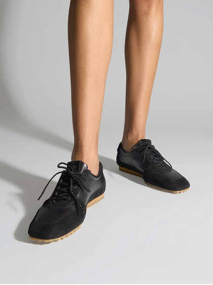 Aeyde | Uma Slim Sneakers Leather Flats for Women | Black Nappa/Suede | Square Toe | Flat Heel | On Feet