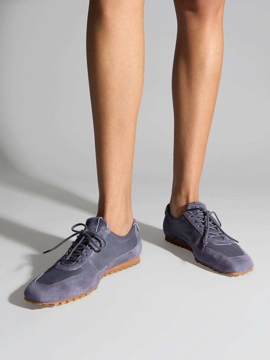 Aeyde | Uma Slim Sneakers Leather Flats for Women | Dusty Purple Nappa/Suede | Square Toe | Flat Heel | On Feet