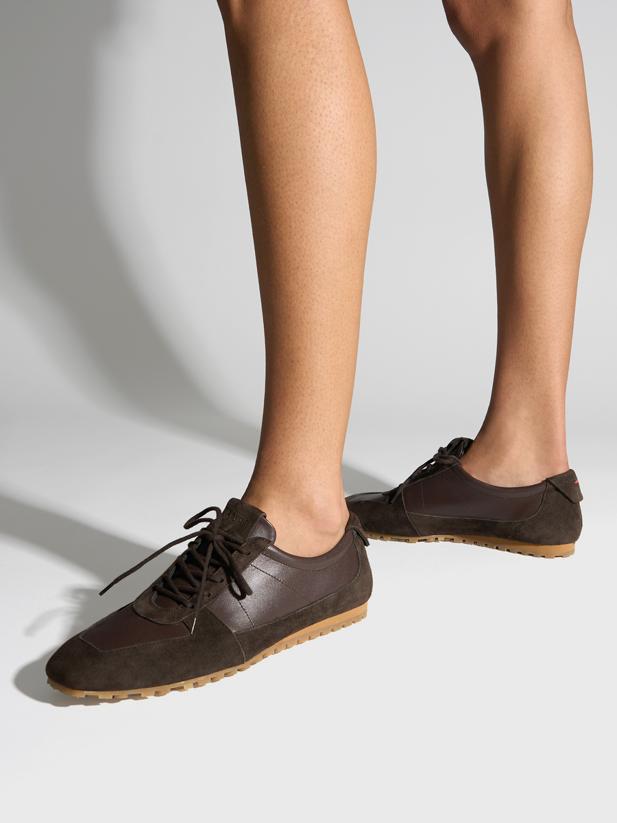 Aeyde | Uma Slim Sneakers Leather Flats for Women | Moka Nappa/Suede | Square Toe | Flat Heel | On Feet