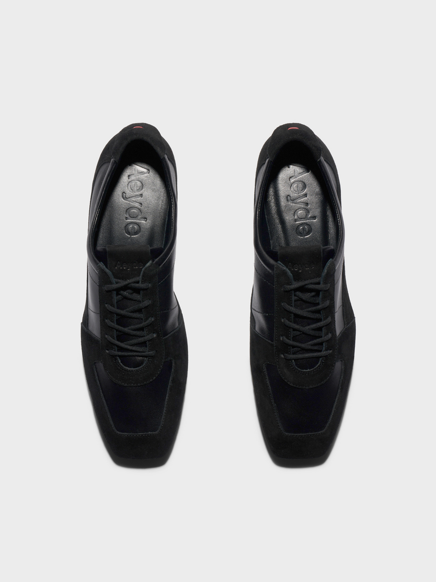 Aeyde | Uma Slim Sneakers Leather Flats for Women | Black Nappa/Suede | Square Toe | Flat Heel | Front View