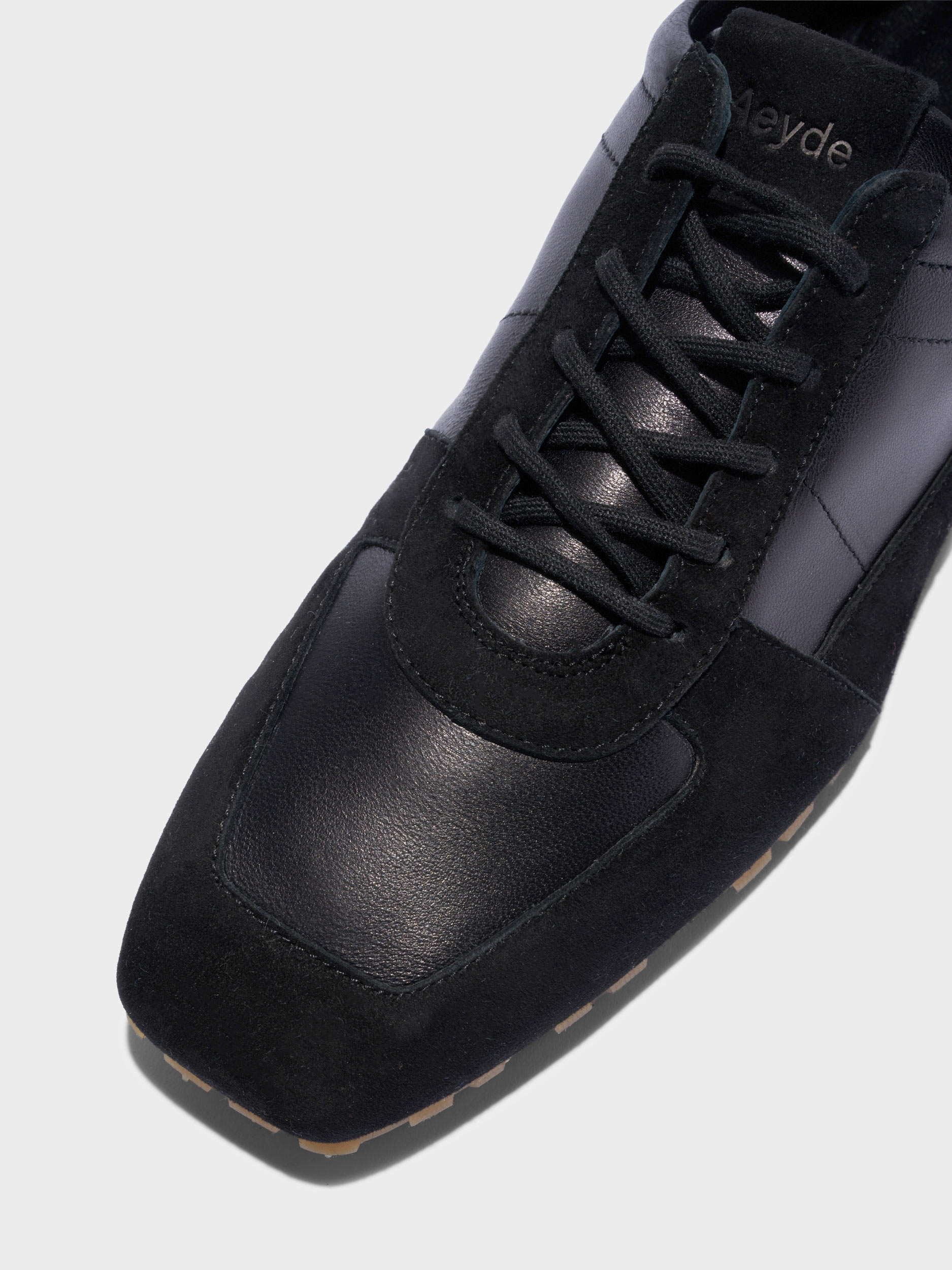 Aeyde | Uma Slim Sneakers Leather Flats for Women | Black Nappa/Suede | Square Toe | Flat Heel | Heel Details