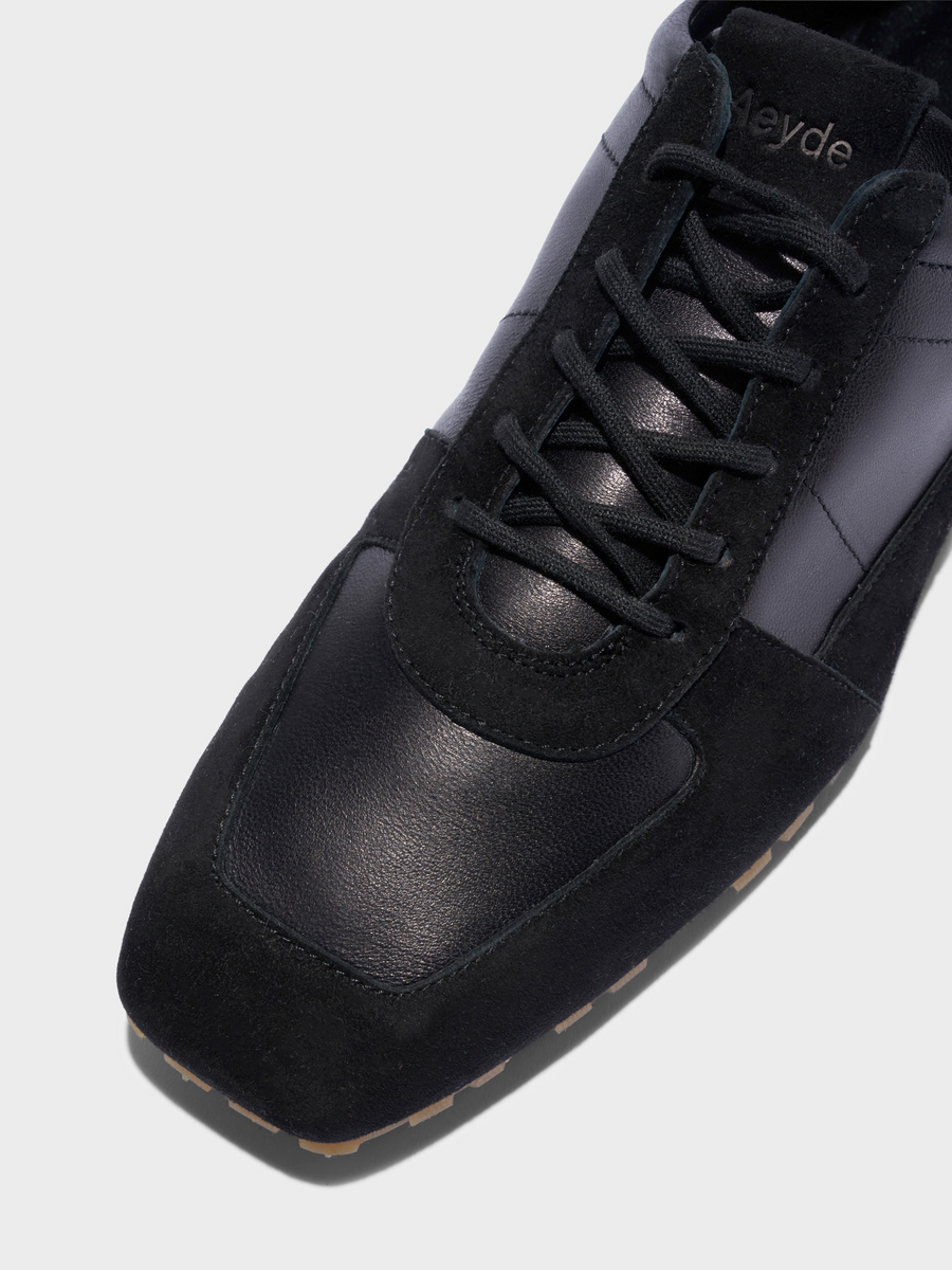 Aeyde | Uma Slim Sneakers Leather Flats for Women | Black Nappa/Suede | Square Toe | Flat Heel | Heel Details