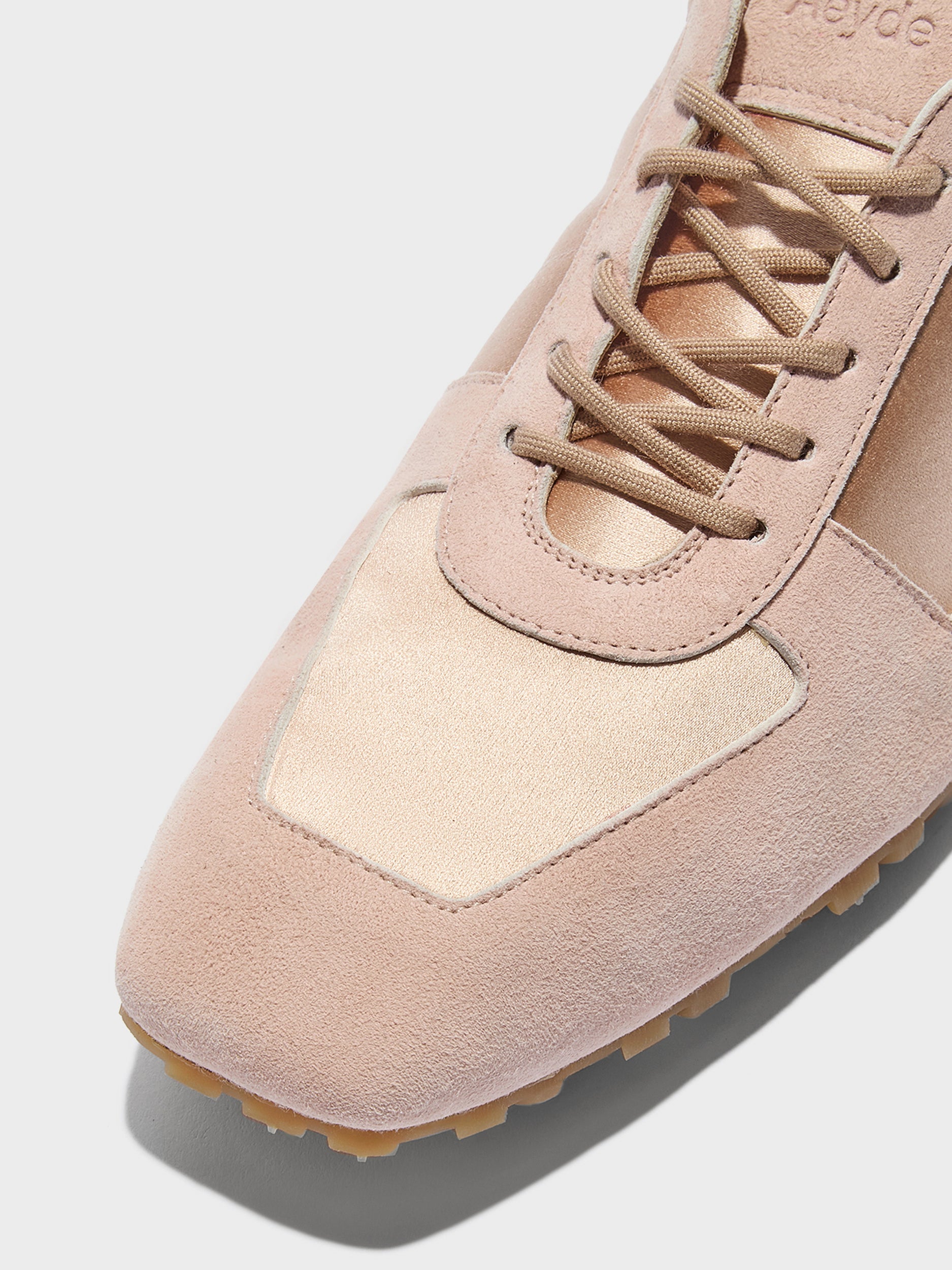 Aeyde | Uma Sneaker Leather Flats for Women | Peach Satin/Suede | Square Toe | Flat Heel | Heel Details