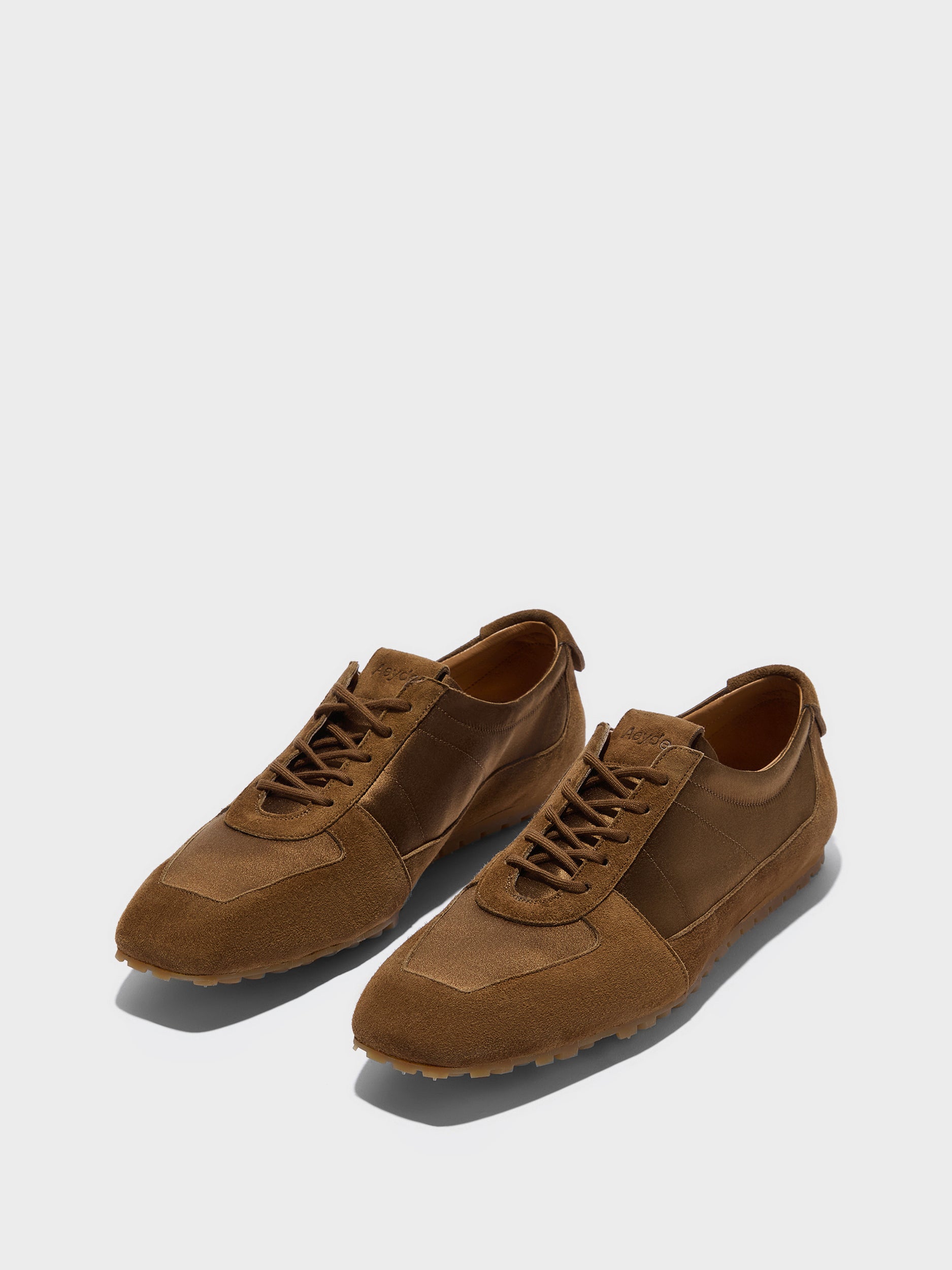 Aeyde | Uma Sneaker Leather Flats for Women | Tobacco Satin/Suede | Square Toe | Flat Heel | Luxury Materials | Handmade in Italy
