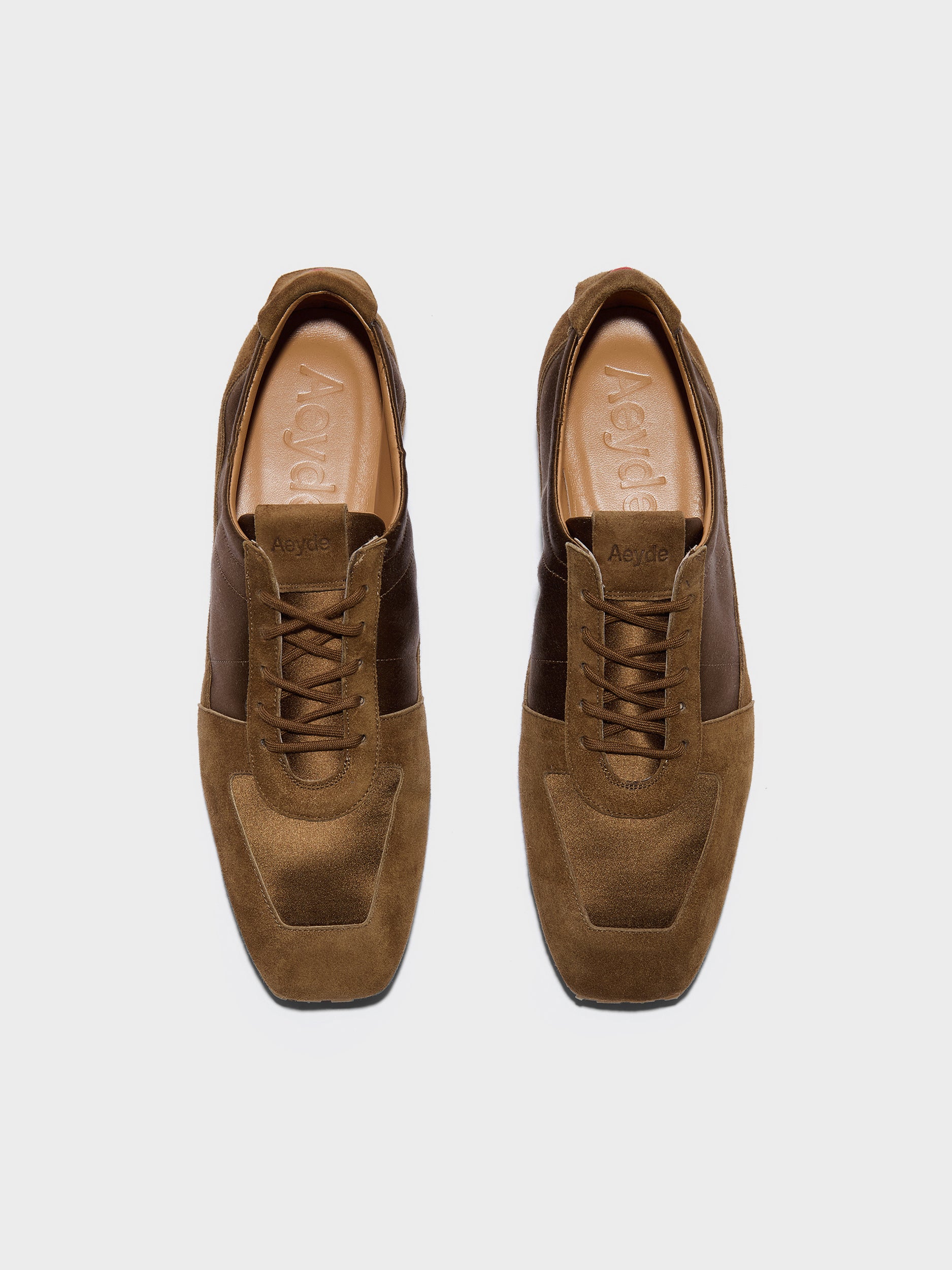 Aeyde | Uma Sneaker Leather Flats for Women | Tobacco Satin/Suede | Square Toe | Flat Heel | Front View