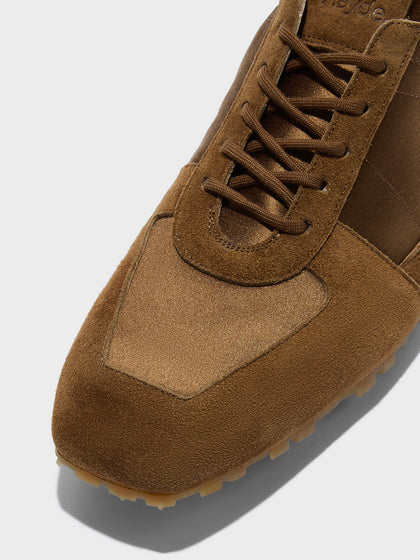 Aeyde | Uma Sneaker Leather Flats for Women | Tobacco Satin/Suede | Square Toe | Flat Heel | Heel Details