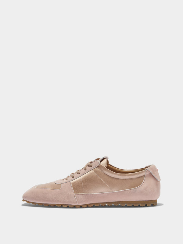 Aeyde | Uma Sneaker Leather Flats for Women | Peach Satin/Suede | Square Toe | Flat Heel | Side View