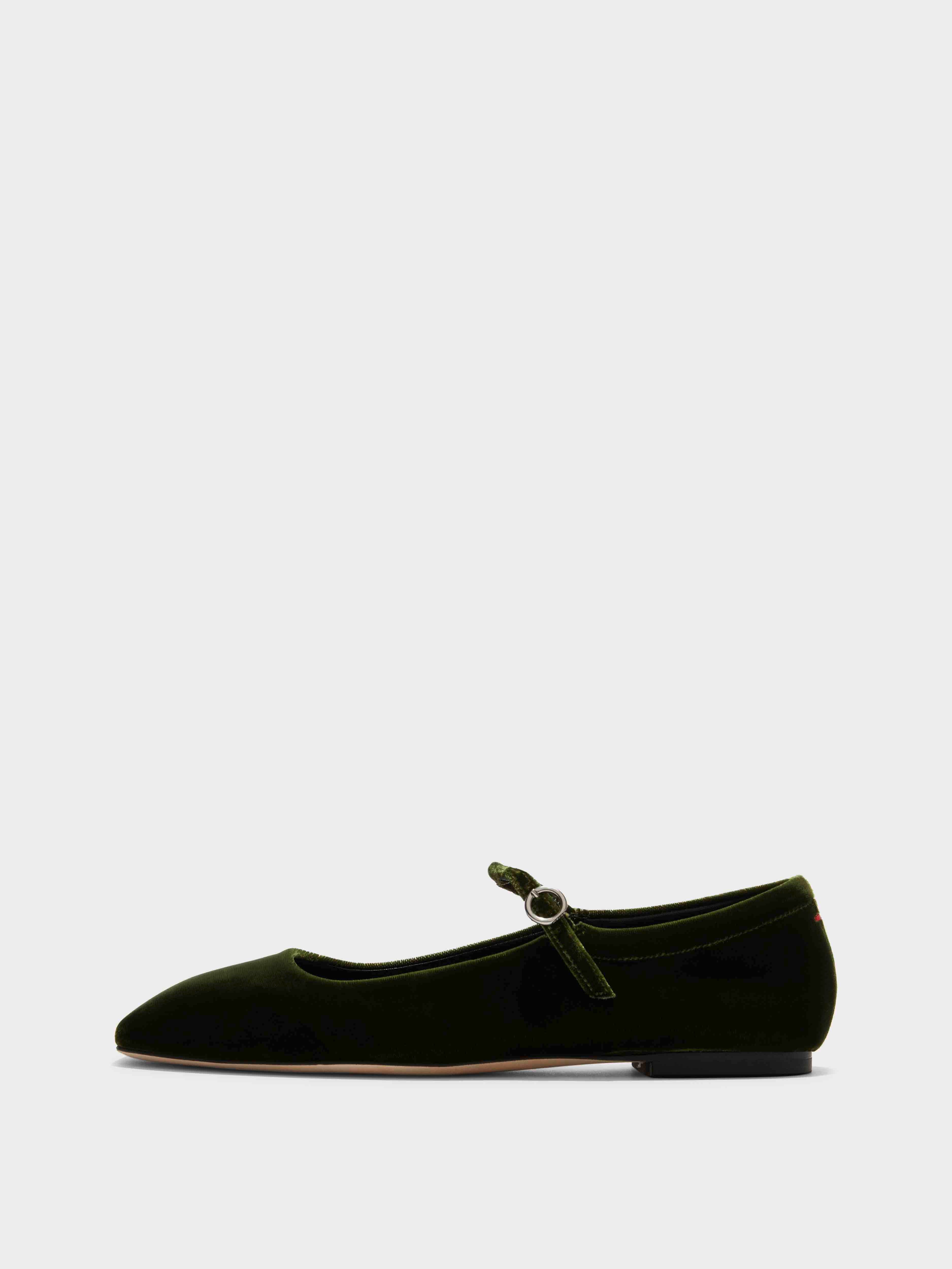 Aeyde | Uma Velvet Mary-Jane Flats Leather Flats for Women | Moss Velvet | Square Toe | Flat Heel | Side View