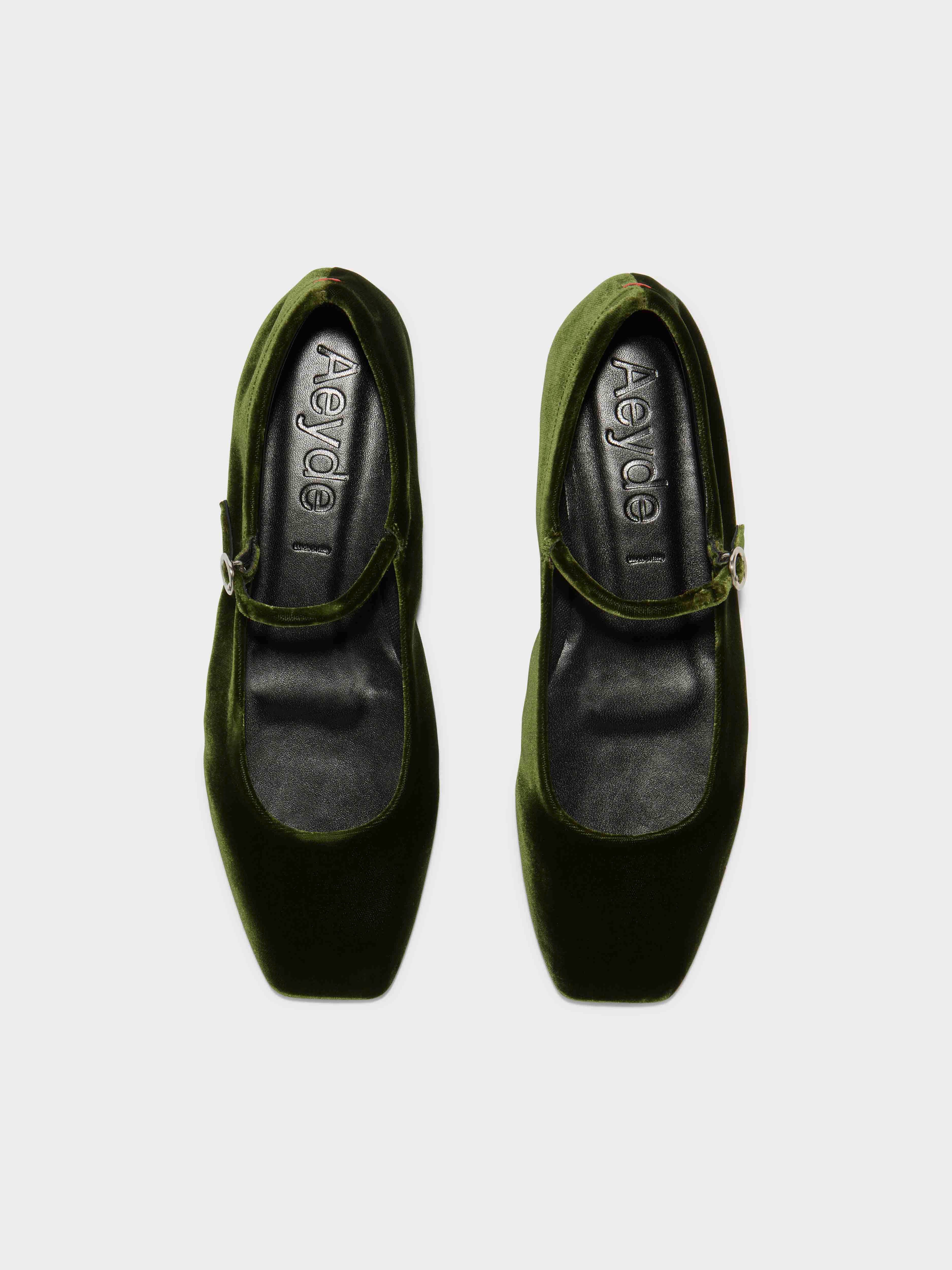 Aeyde | Uma Velvet Mary-Jane Flats Leather Flats for Women | Moss Velvet | Square Toe | Flat Heel | Front View