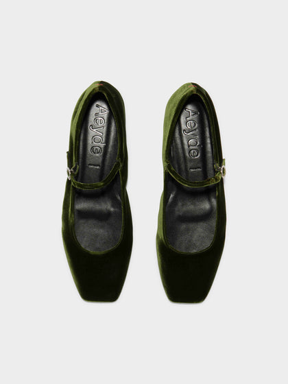 Aeyde | Uma Velvet Mary-Jane Flats Leather Flats for Women | Moss Velvet | Square Toe | Flat Heel | Front View