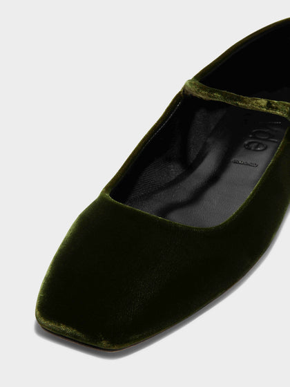 Aeyde | Uma Velvet Mary-Jane Flats Leather Flats for Women | Moss Velvet | Square Toe | Flat Heel | Luxury Materials | Handmade in Italy