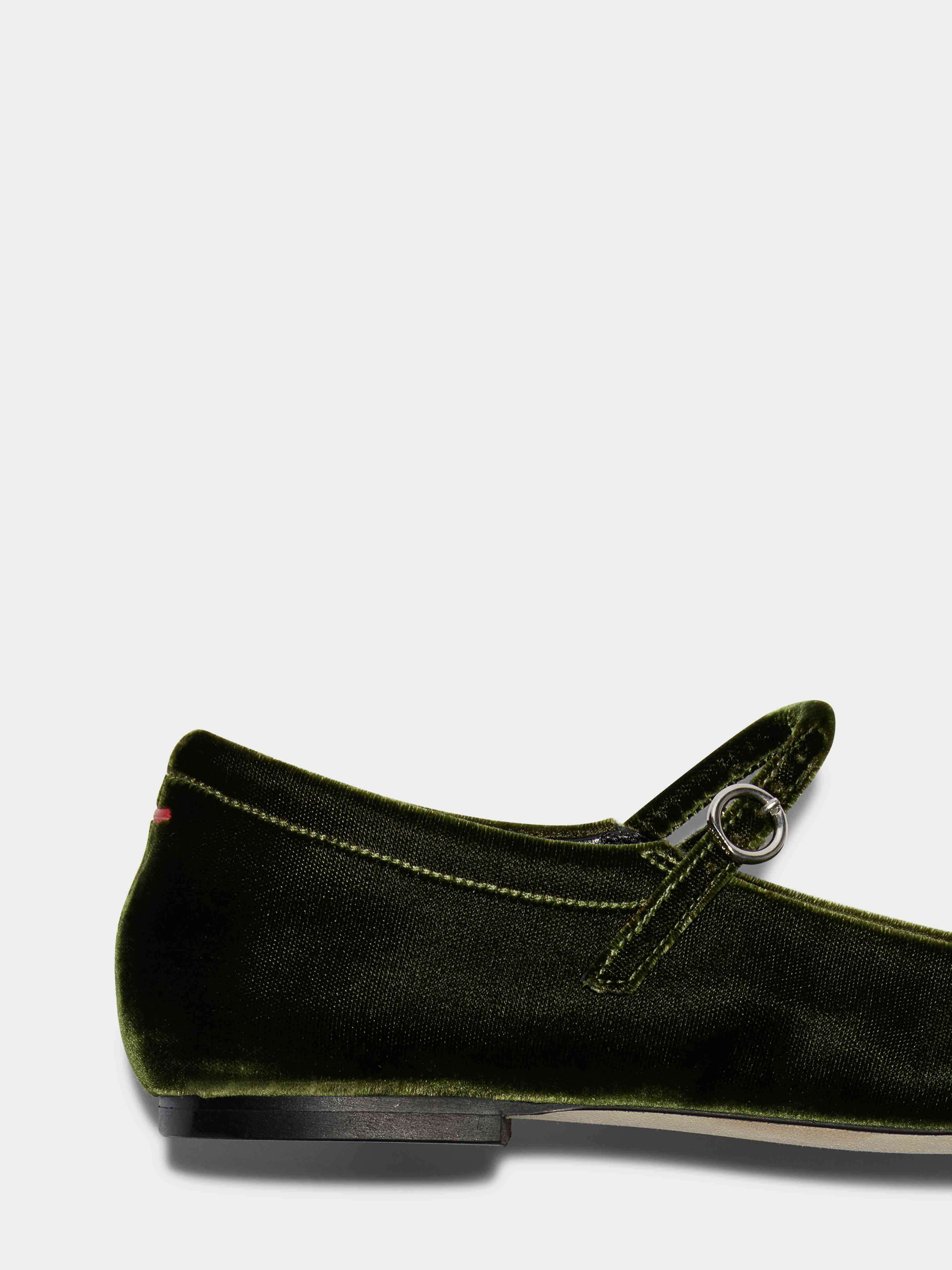 Aeyde | Uma Velvet Mary-Jane Flats Leather Flats for Women | Moss Velvet | Square Toe | Flat Heel | Heel Details