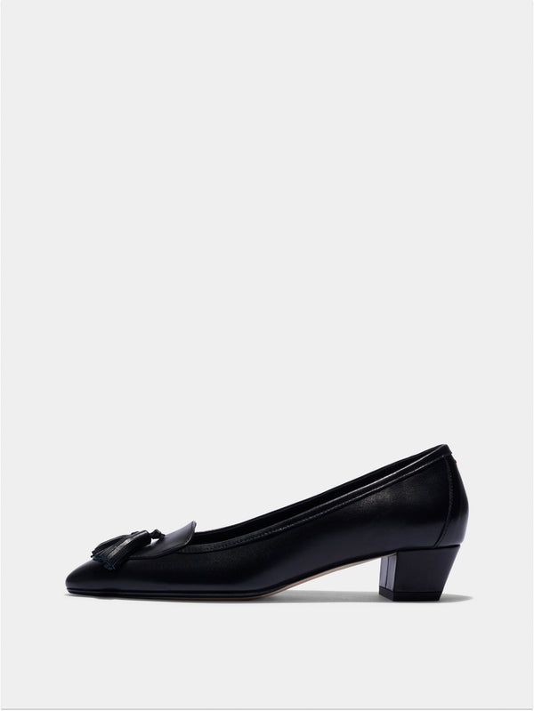Aeyde | Valentine Tassel Pumps Leather Pumps for Women | Black Nappa | Round Toe | Low Heel | Side View
