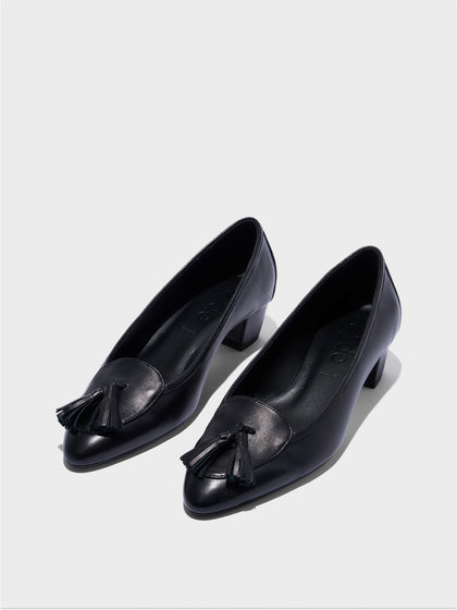 Aeyde | Valentine Tassel Pumps Leather Pumps for Women | Black Nappa | Round Toe | Low Heel | Luxury Materials | Handmade in Italy