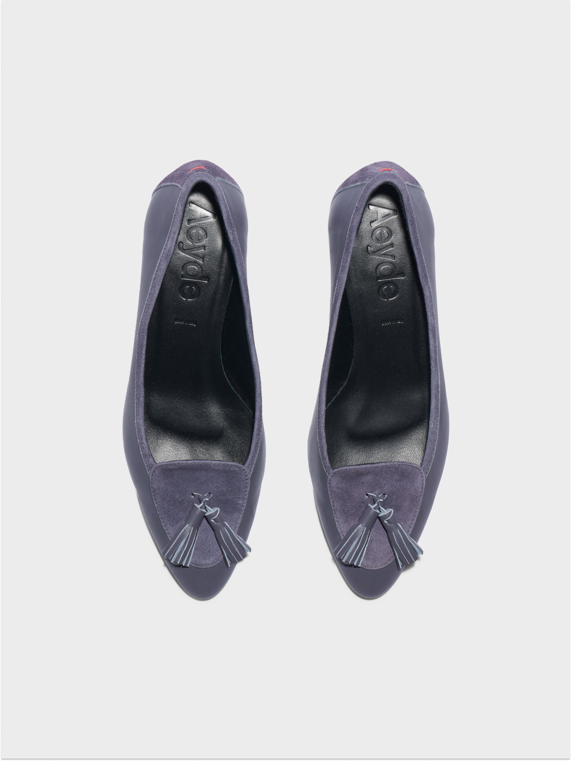 Aeyde | Valentine Tassel Pumps Leather Pumps for Women | Dusty Purple Nappa/Suede | Round Toe | Low Heel | Luxury Materials | Handmade in Italy