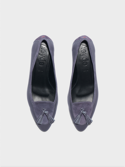 Aeyde | Valentine Tassel Pumps Leather Pumps for Women | Dusty Purple Nappa/Suede | Round Toe | Low Heel | Luxury Materials | Handmade in Italy