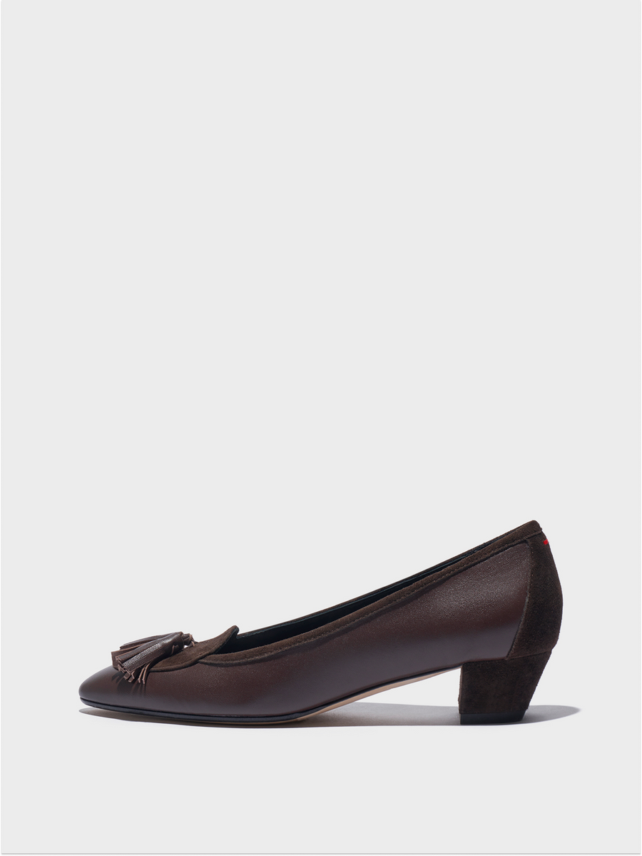 Aeyde | Valentine Tassel Pumps Leather Pumps for Women | Moka Nappa/Suede | Round Toe | Low Heel | Side View