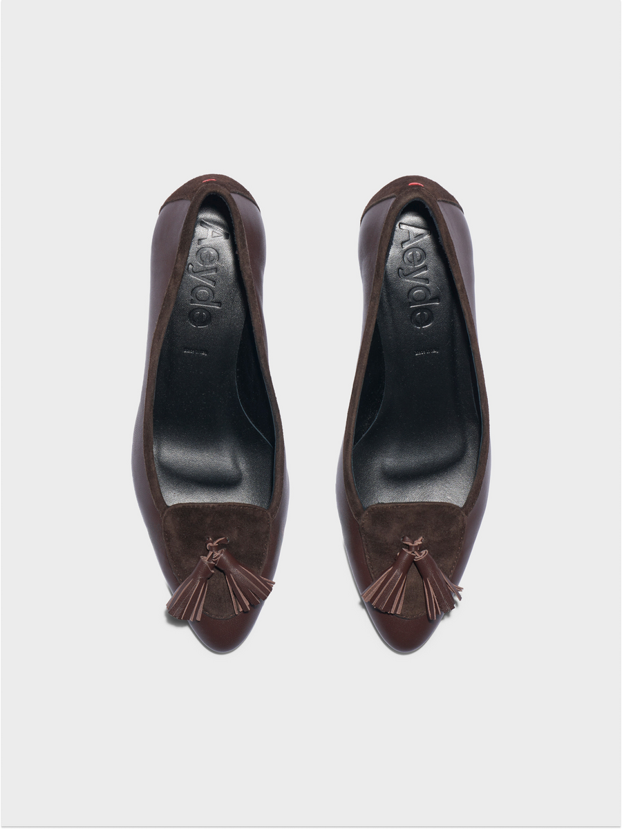 Aeyde | Valentine Tassel Pumps Leather Pumps for Women | Moka Nappa/Suede | Round Toe | Low Heel | Front View