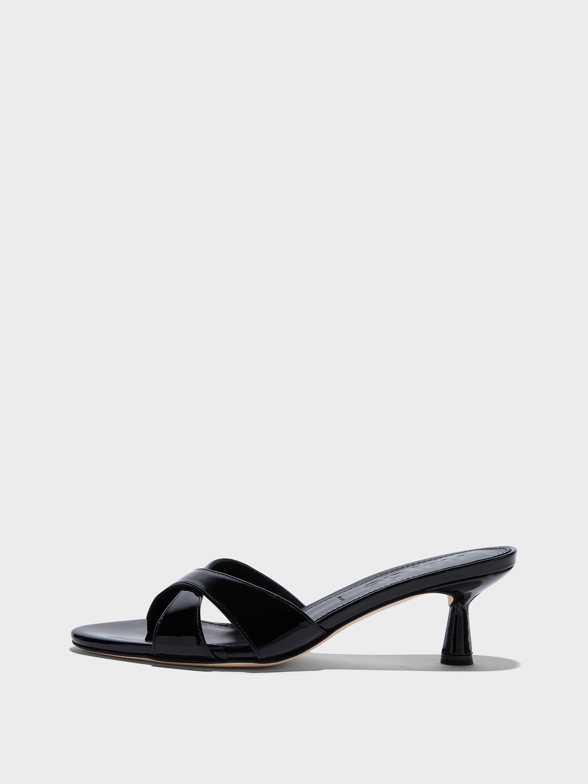 Aeyde | Vero Leather Heeled Sandals for Women | Black Patent | Round Toe | Mid Heel | Side View