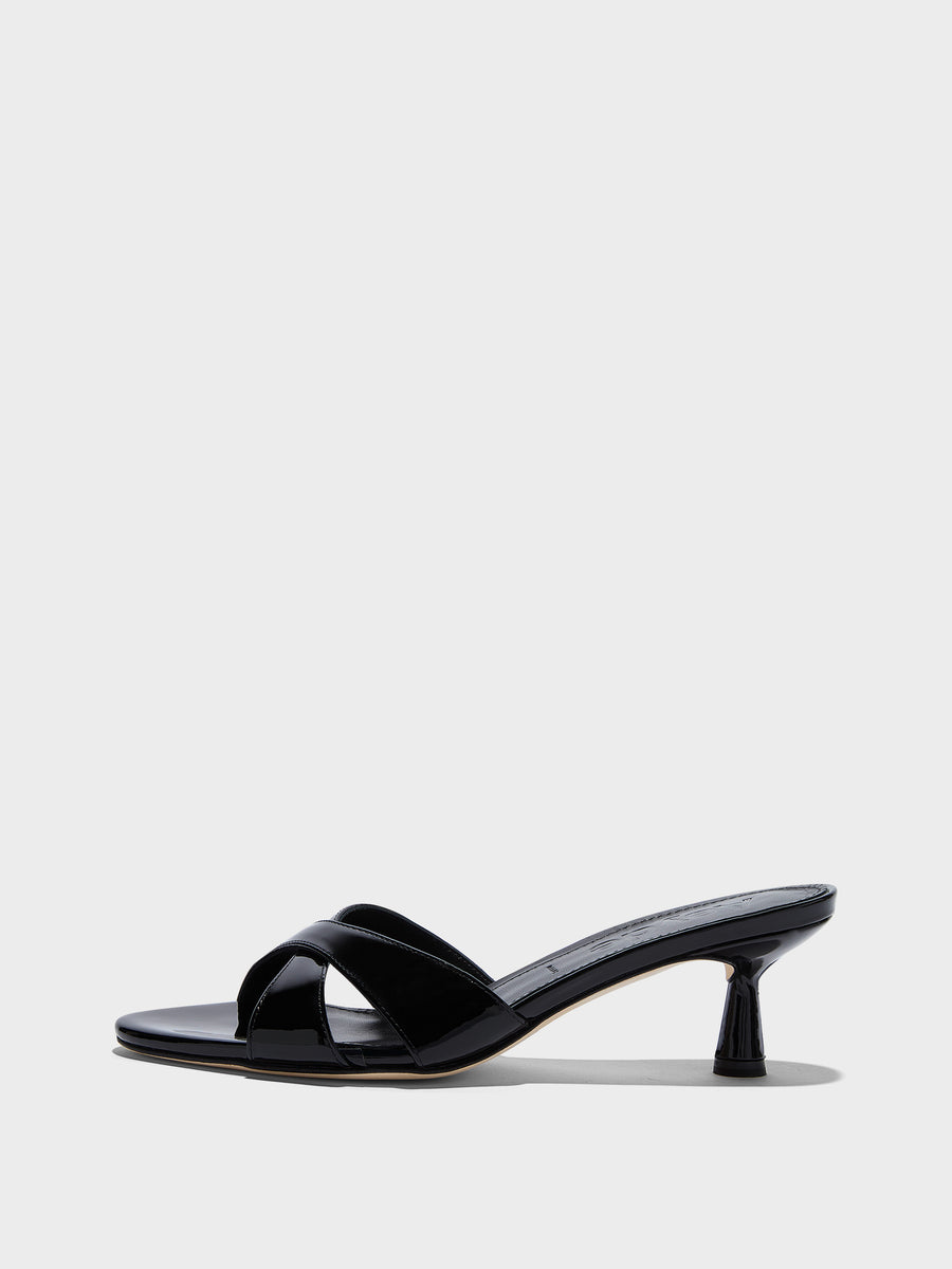 Aeyde | Vero Leather Heeled Sandals for Women | Black Patent | Round Toe | Mid Heel | Side View