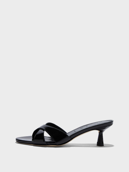 Aeyde | Vero Leather Heeled Sandals for Women | Black Patent | Round Toe | Mid Heel | Side View