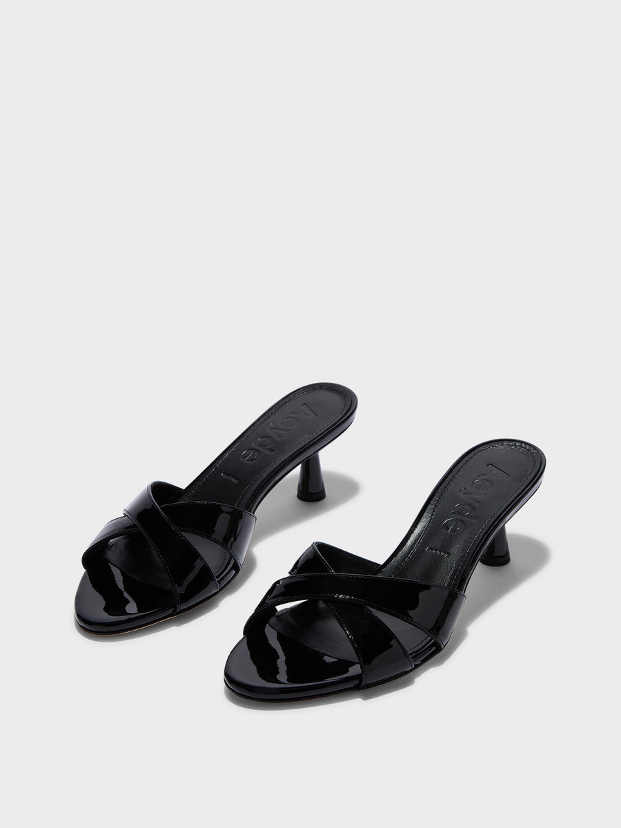 Aeyde | Vero Leather Heeled Sandals for Women | Black Patent | Round Toe | Mid Heel | Luxury Materials | Handmade in Italy