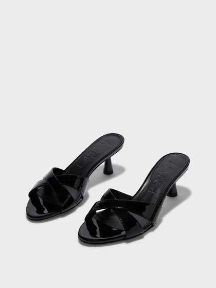 Aeyde | Vero Leather Heeled Sandals for Women | Black Patent | Round Toe | Mid Heel | Luxury Materials | Handmade in Italy