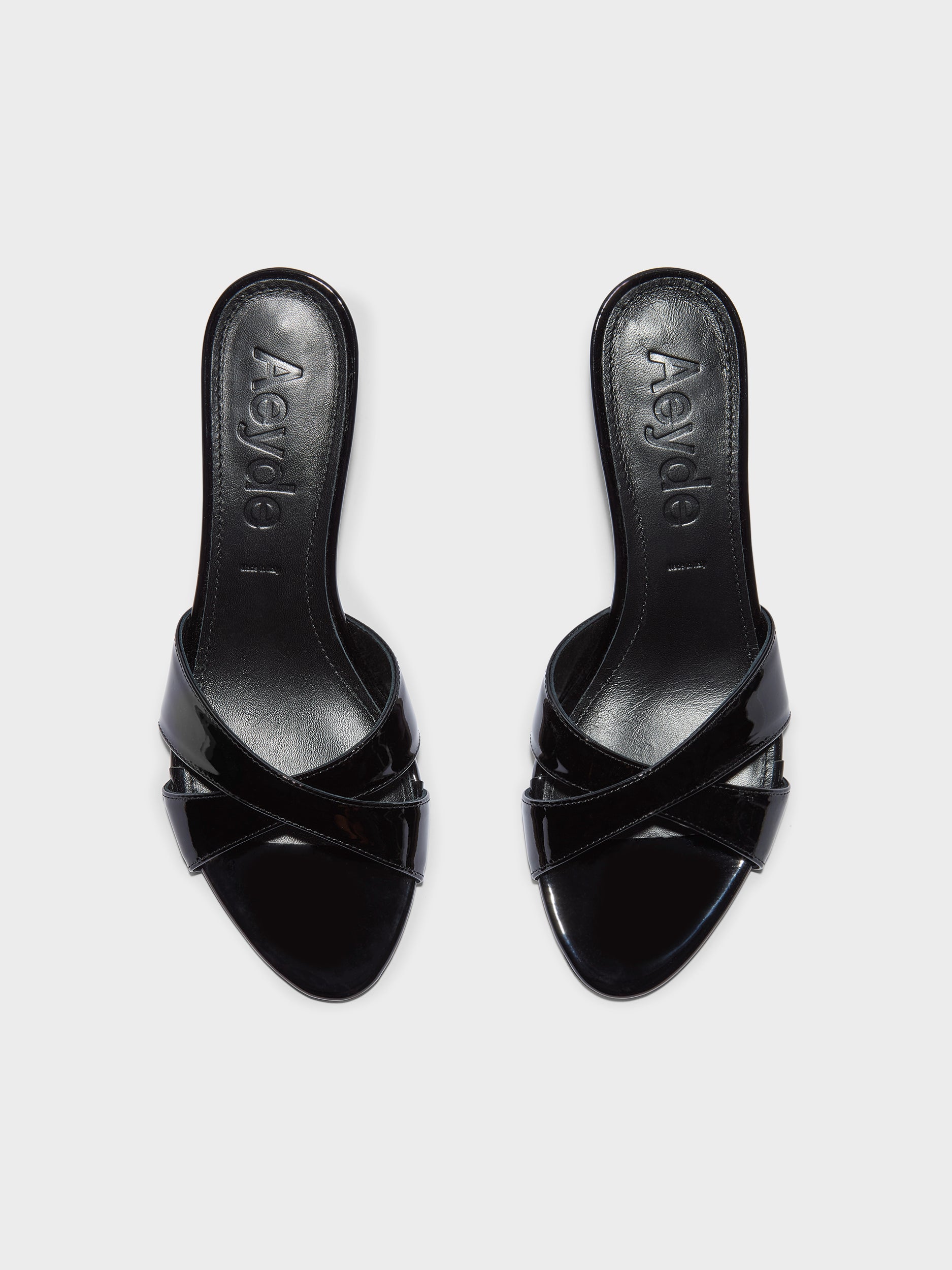 Aeyde | Vero Leather Heeled Sandals for Women | Black Patent | Round Toe | Mid Heel | Front View