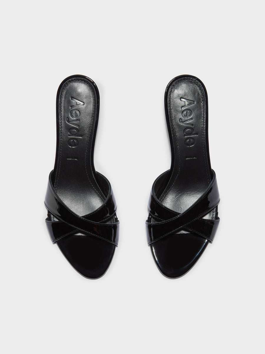 Aeyde | Vero Leather Heeled Sandals for Women | Black Patent | Round Toe | Mid Heel | Front View