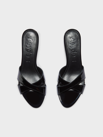 Aeyde | Vero Leather Heeled Sandals for Women | Black Patent | Round Toe | Mid Heel | Front View