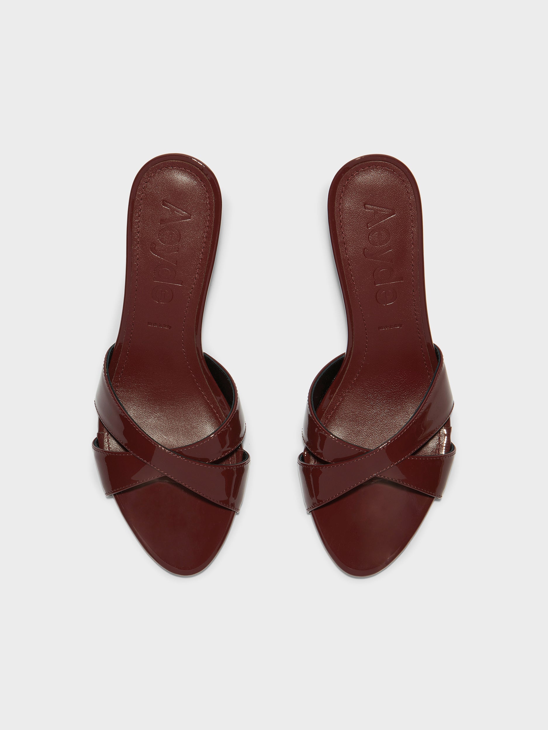 Aeyde | Vero Leather Heeled Sandals for Women | Port Patent | Round Toe | Mid Heel | Front View