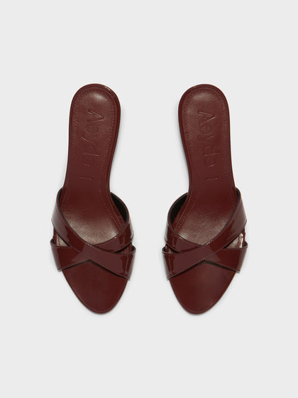 Aeyde | Vero Leather Heeled Sandals for Women | Port Patent | Round Toe | Mid Heel | Front View