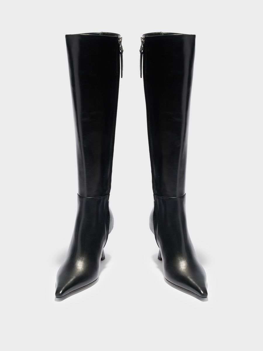 Aeyde | Vina Knee-High Boots Leather Knee High Boots for Women | Black Calf | Pointed Toe | High Heel | Front View