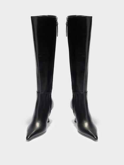 Aeyde | Vina Knee-High Boots Leather Knee High Boots for Women | Black Calf | Pointed Toe | High Heel | Front View