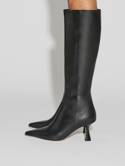 Aeyde | Vina Knee-High Boots Leather Knee High Boots for Women | Black Calf | Pointed Toe | High Heel | How to Style
