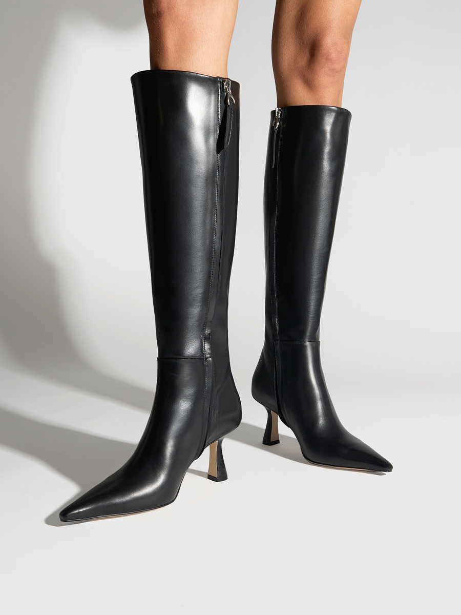 Aeyde | Vina Knee-High Boots Leather Knee High Boots for Women | Black Calf | Pointed Toe | High Heel | On Feet