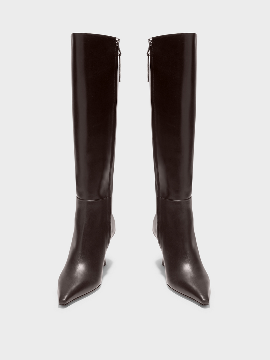 Aeyde | Vina Knee-High Boots Leather Knee High Boots for Women | Moka Calf | Pointed Toe | High Heel | Front View