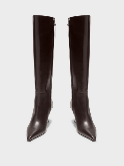 Aeyde | Vina Knee-High Boots Leather Knee High Boots for Women | Moka Calf | Pointed Toe | High Heel | Front View