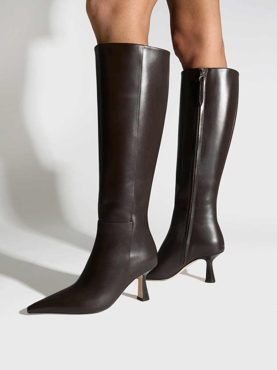 Aeyde | Vina Knee-High Boots Leather Knee High Boots for Women | Moka Calf | Pointed Toe | High Heel | On Feet