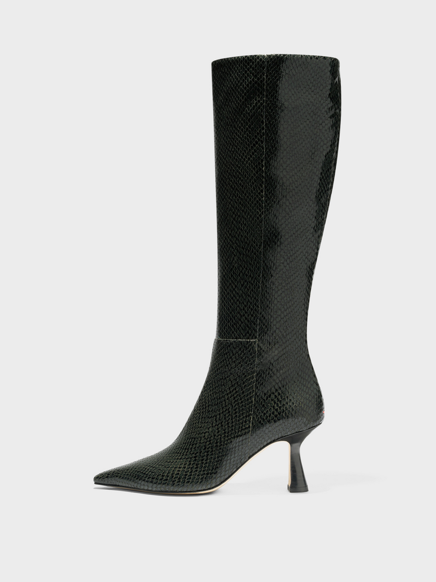 Aeyde | Vina Knee-High Boots Leather Knee High Boots for Women | Moss Mini Snake | Pointed Toe | High Heel | Side View