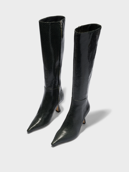 Aeyde | Vina Knee-High Boots Leather Knee High Boots for Women | Moss Mini Snake | Pointed Toe | High Heel | Luxury Materials | Handmade in Italy
