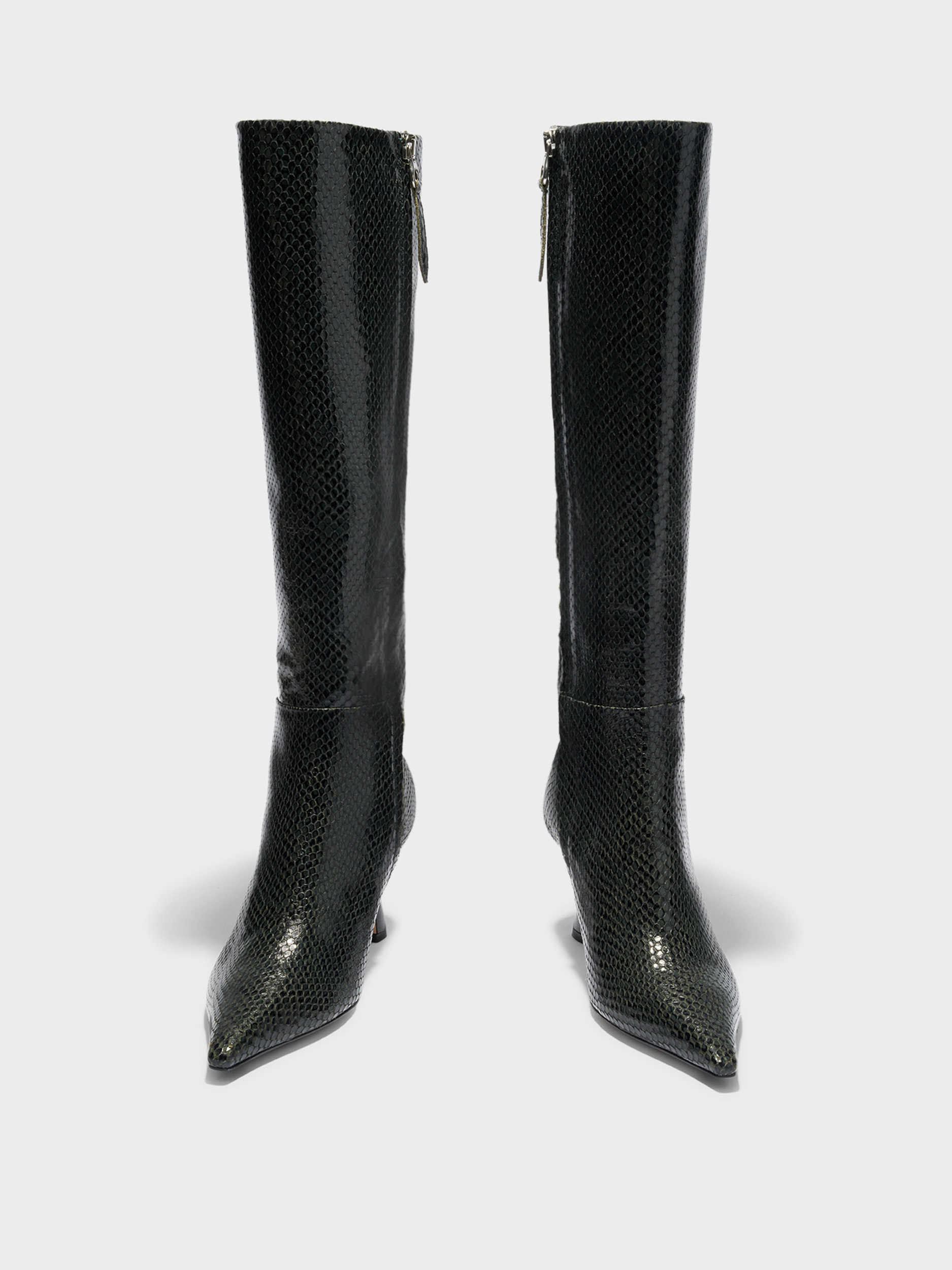 Aeyde | Vina Knee-High Boots Leather Knee High Boots for Women | Moss Mini Snake | Pointed Toe | High Heel | Front View